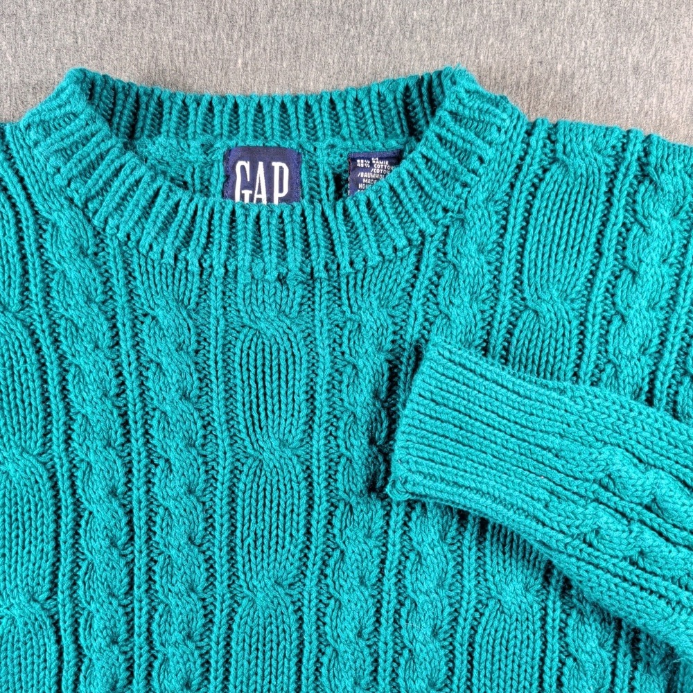 Vtg 90s GAP Mens Sweater Sz M Teal Fisherman Heavy Cable Knit Celtic Chunky Y2K